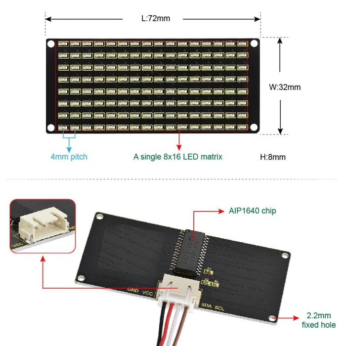 8x16 LED Nokta Matrix Modülü + PH 2.54 Konnektör + 4 Pin Kablo - Görsel 2