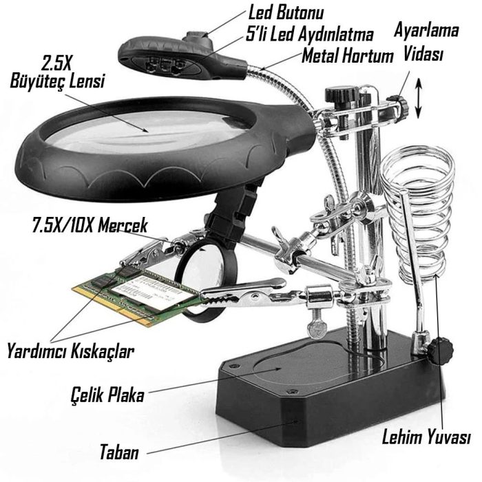 Değiştirilebilir Mercekli LED Işıklı Büyüteçli Lehim Tamir Havya Standı - MG16129-C - Görsel 3