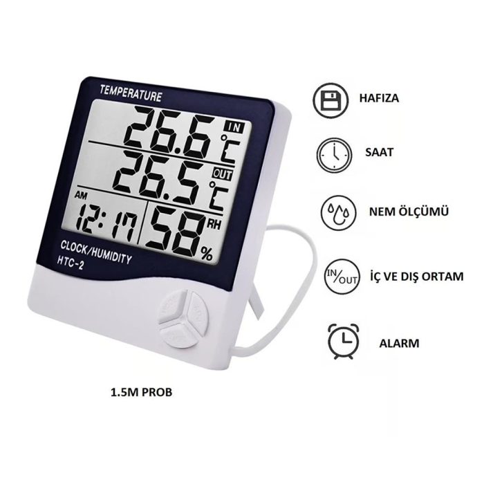 HTC-2 Dijital Termometre Saat Nem ve Sıcaklık Ölçer - Görsel 2