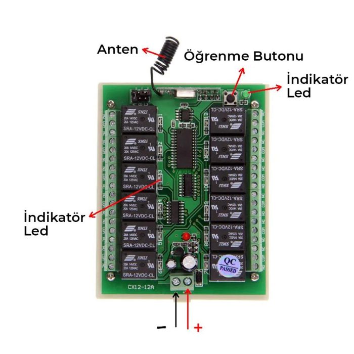12V 433MHz 12 Kanallı Kablosuz Kumandalı RF Alıcılı Röle Modülü Kutu Dahil - Görsel 2