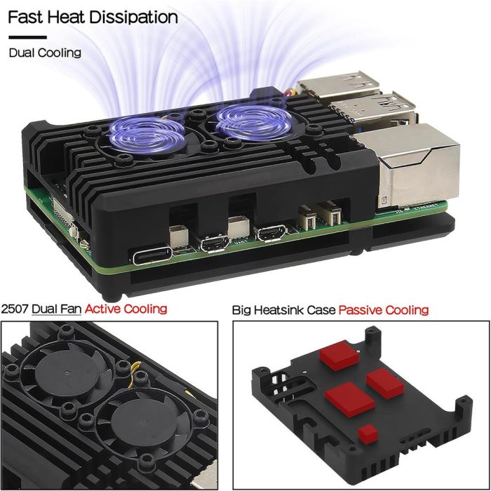 Raspberry Pi 5 Çift Fanlı Alüminyum Kasa Soğutucu Muhafaza Kutusu - Görsel 2
