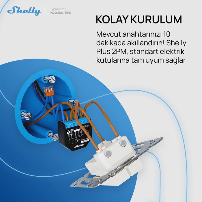 Shelly Plus 2PM ideal boyut 42mm 37mm Wi-Fi 30m ve Bluetooth 50m menzil bilgisi ürün görseli - TLS Robotik