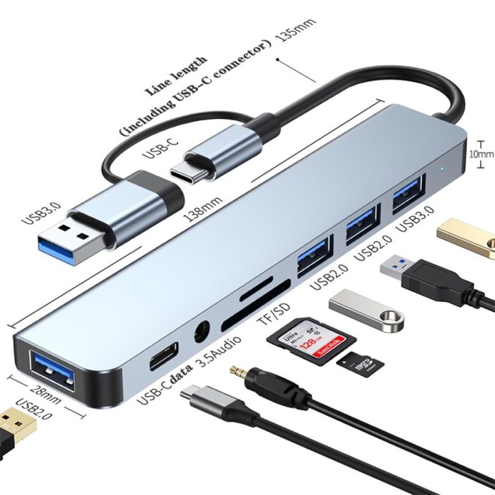8 in 1 USB Type-C Çok Portlu Hub USB 3.0 2.0 3.5 mm Ses TF SD Kart Çevirici Adaptör - Görsel 2