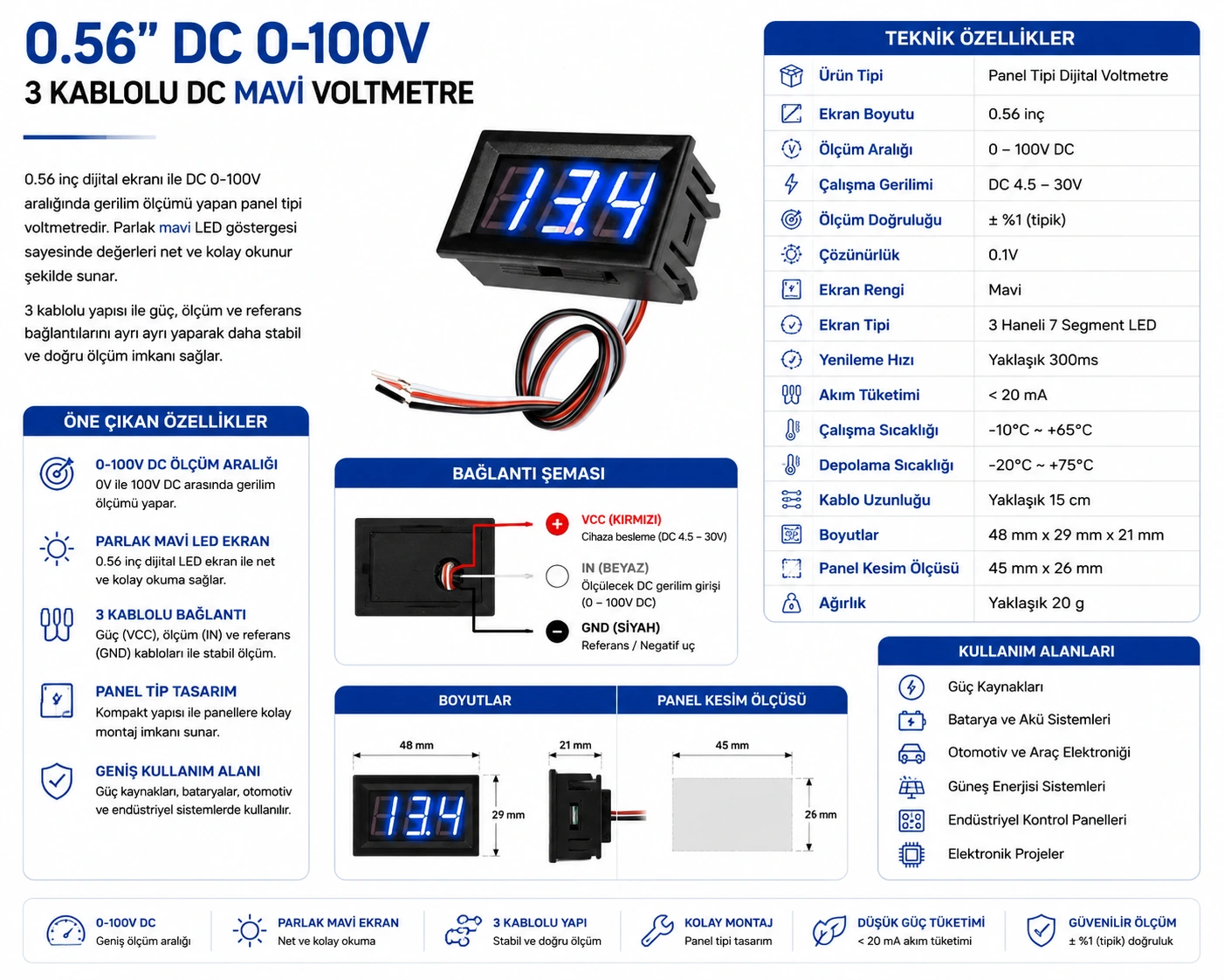 0.56 inç 0-100V 3 kablolu DC mavi voltmetre