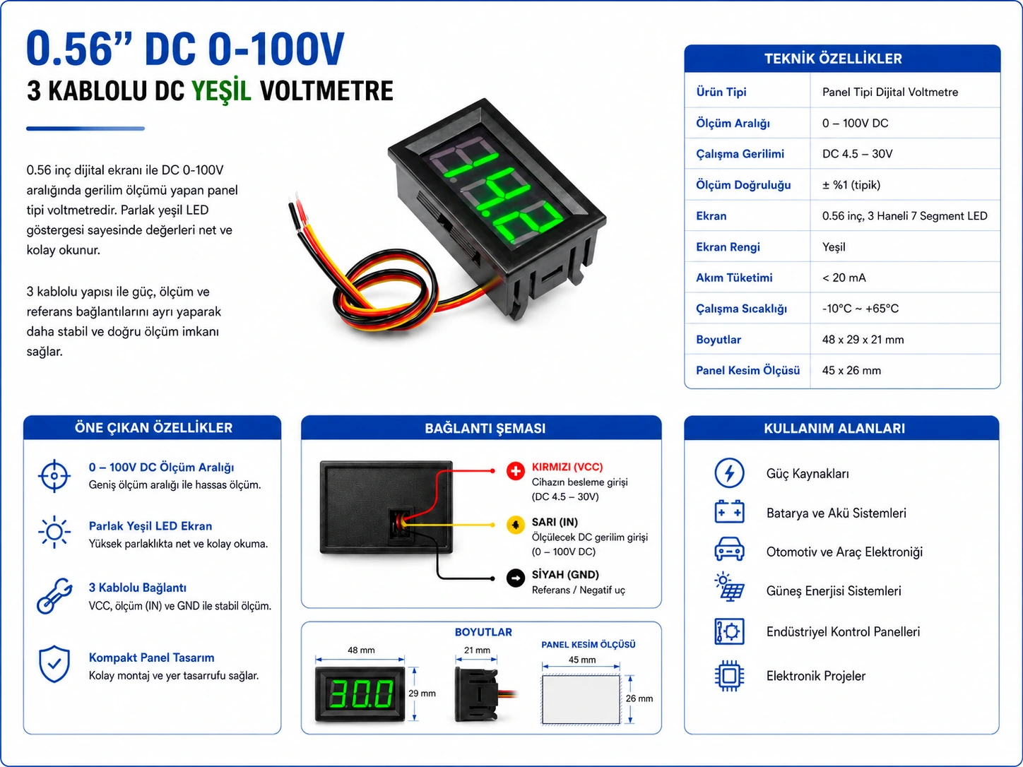 0.56 inç 0-100V 3 kablolu DC yeşil voltmetre