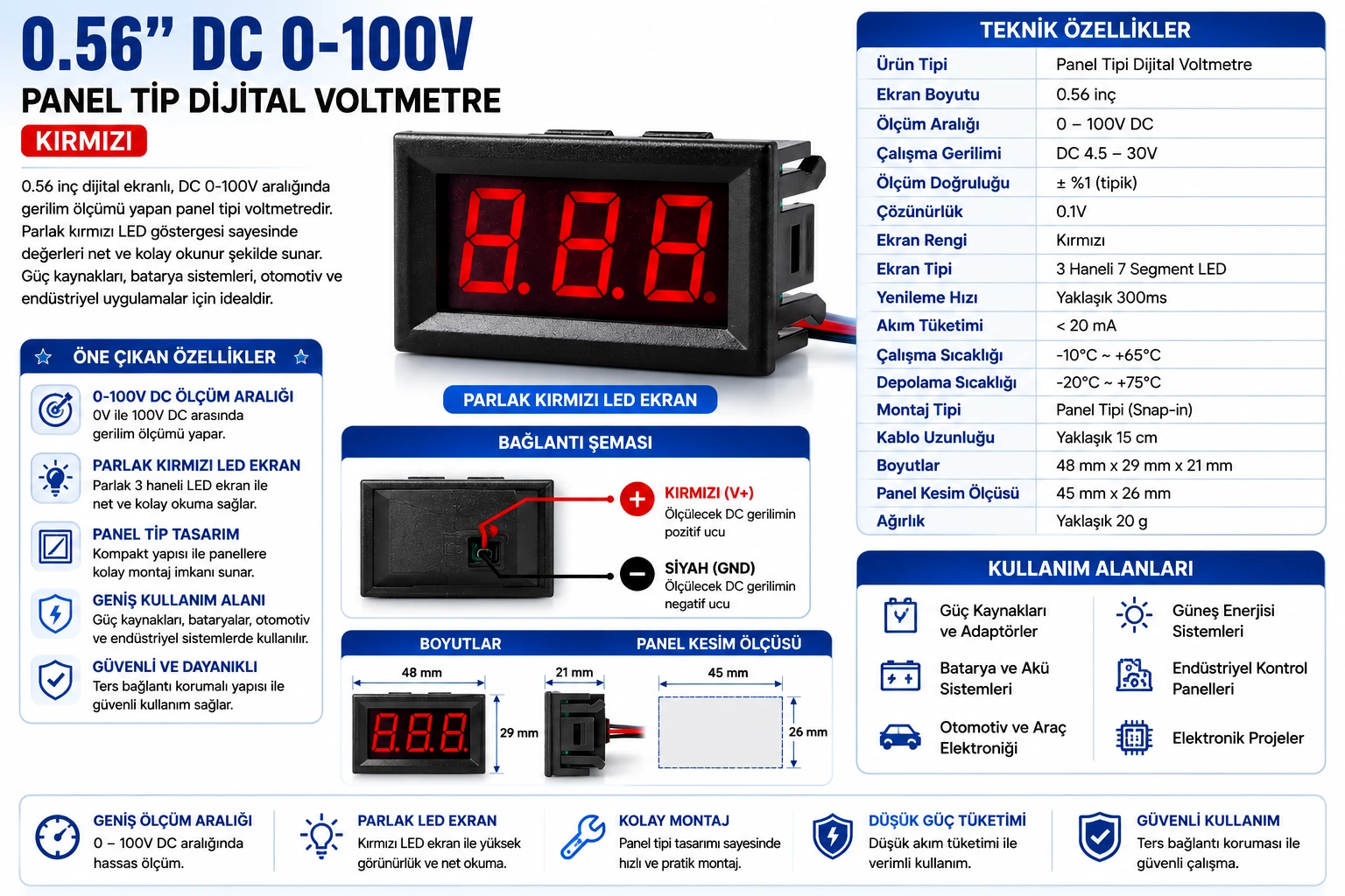 0.56 inç DC 0-100V panel tip dijital kırmızı voltmetre