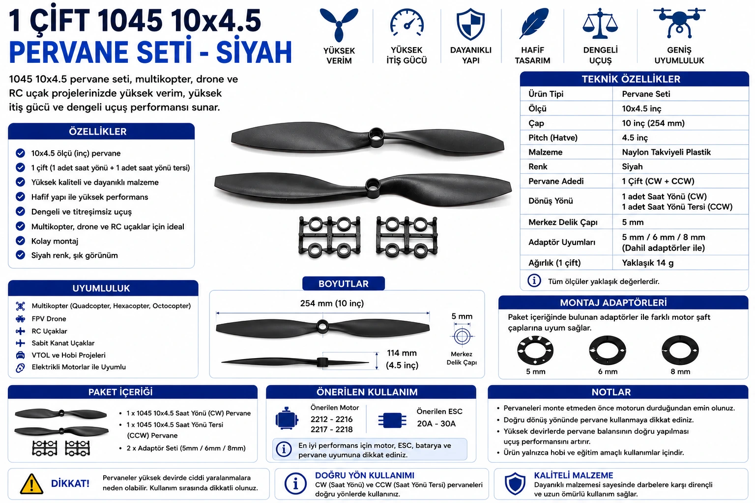 1045 drone pervane seti CW CCW siyah 10x4.5 multicopter pervanesi