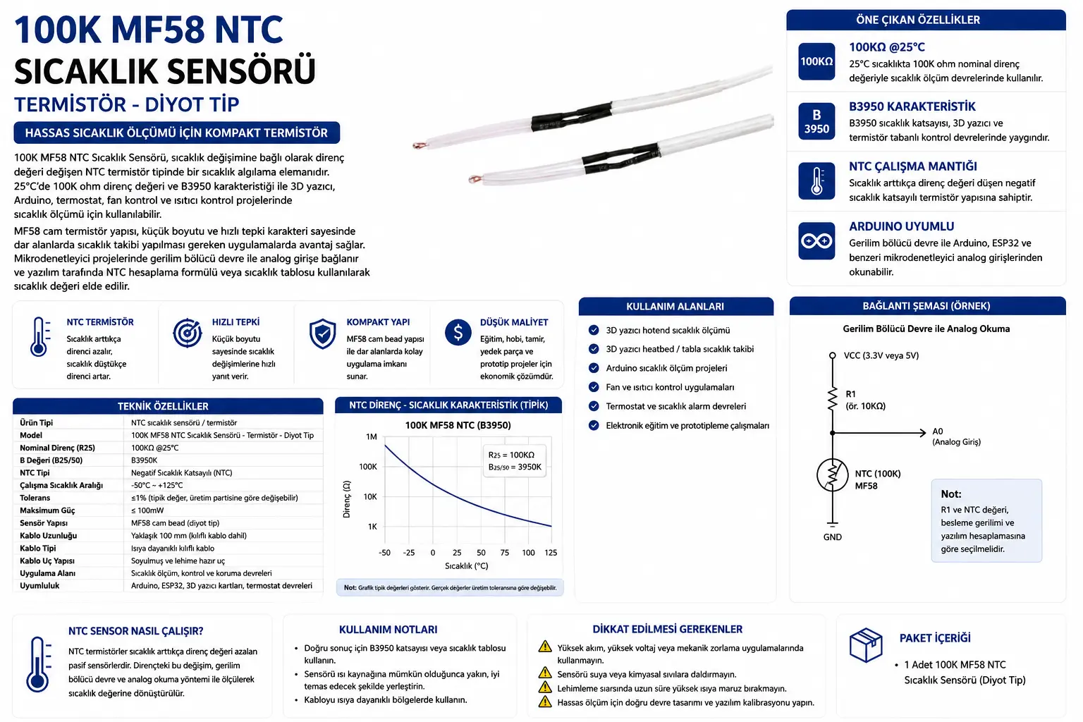100K MF58 NTC sıcaklık sensörü B3950 termistör diyot tip Arduino ve 3D yazıcı uyumlu