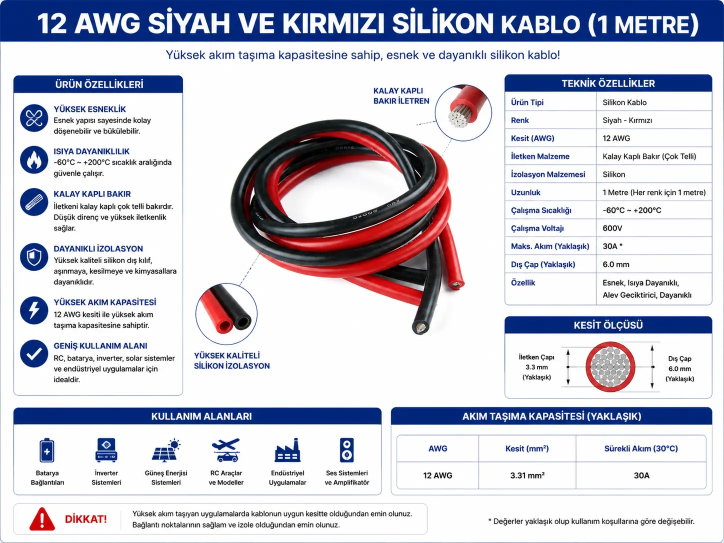 12 AWG 1 metre siyah ve kırmızı silikon kablo esnek güç bağlantı kablosu