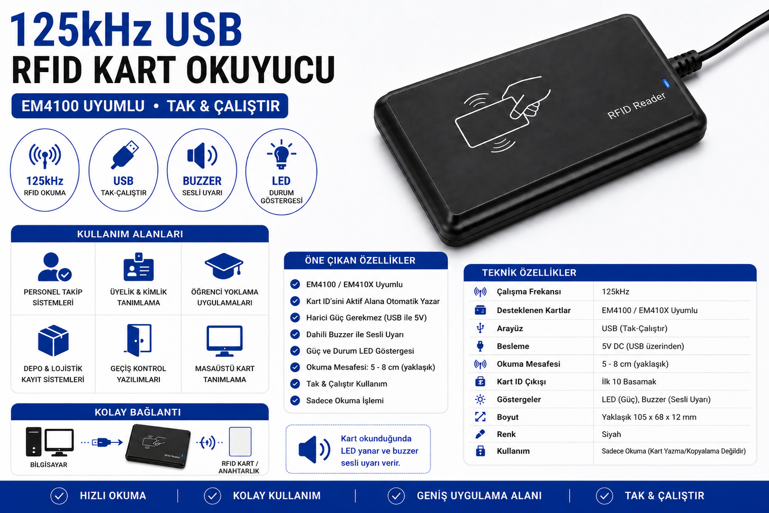 125kHz USB RFID kart etiket okuyucu EM4100 uyumlu tak çalıştır kart okuyucu