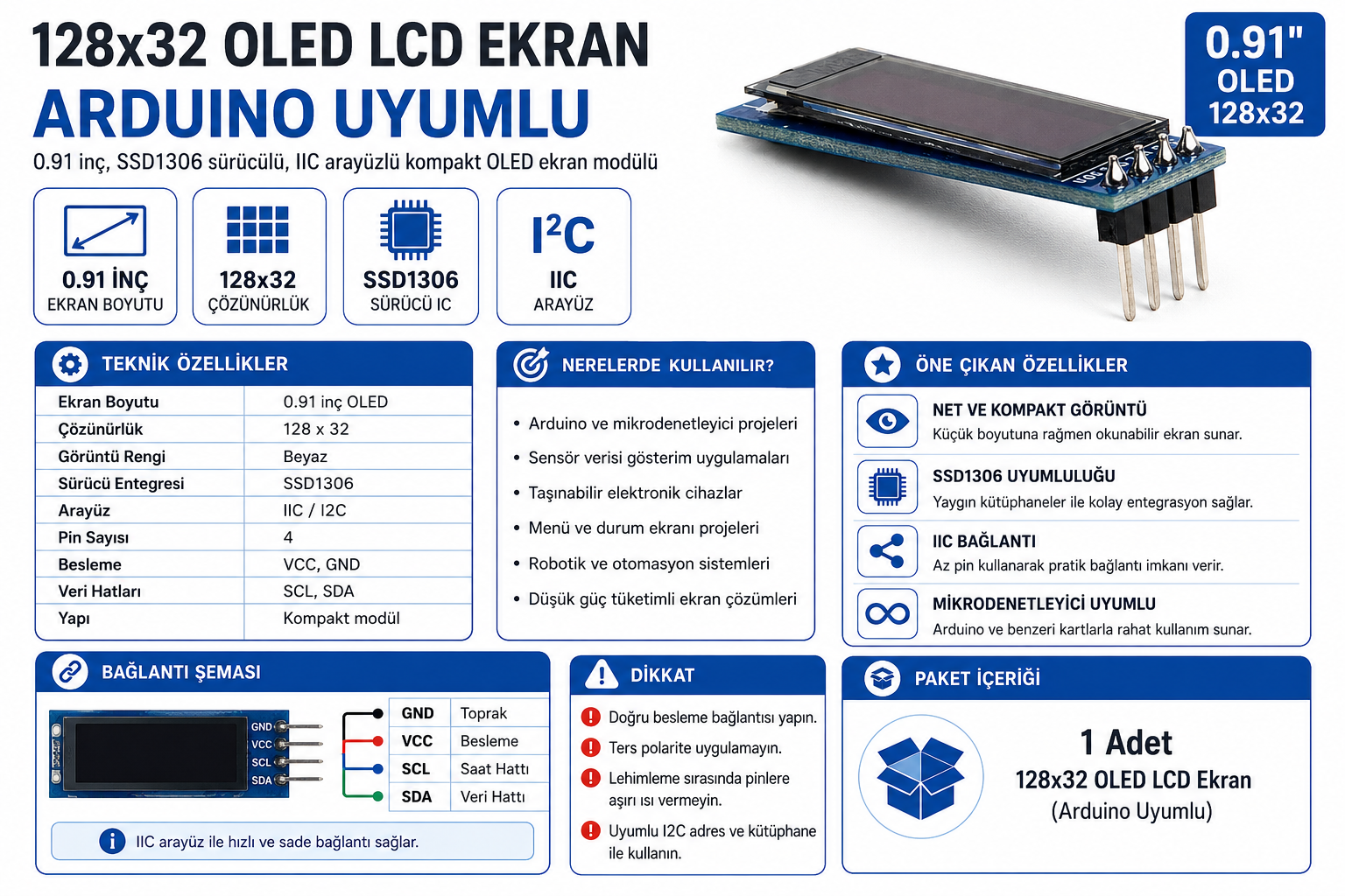 128x32 0.91 inç OLED ekran SSD1306 I2C Arduino uyumlu grafik ekran modülü