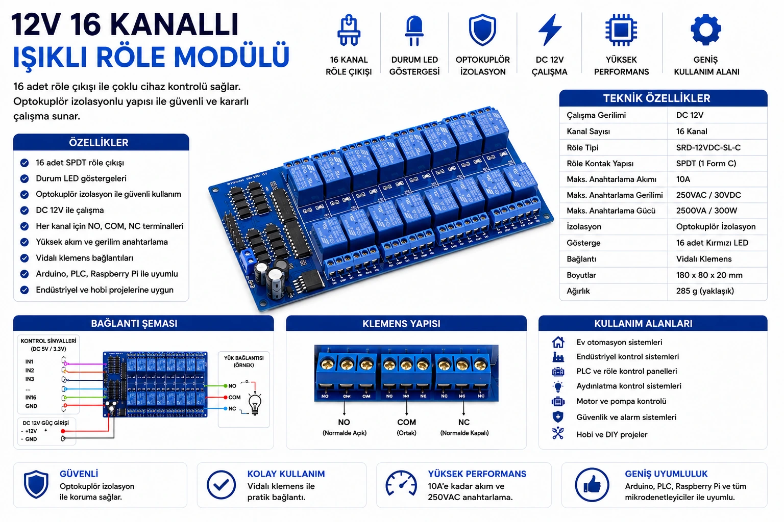 12V 16 kanal röle kartı low level tetiklemeli Arduino Raspberry Pi uyumlu