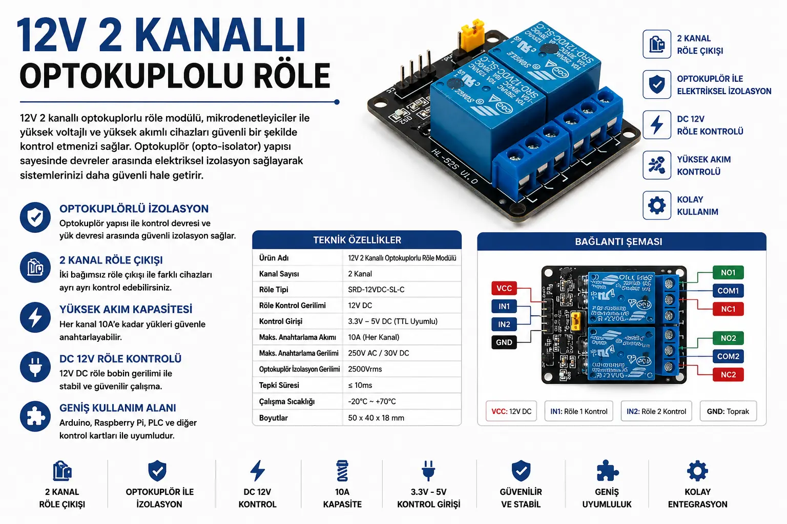 2 Kanal 12V Röle Modülü Optokuplörlü Röle Kartı