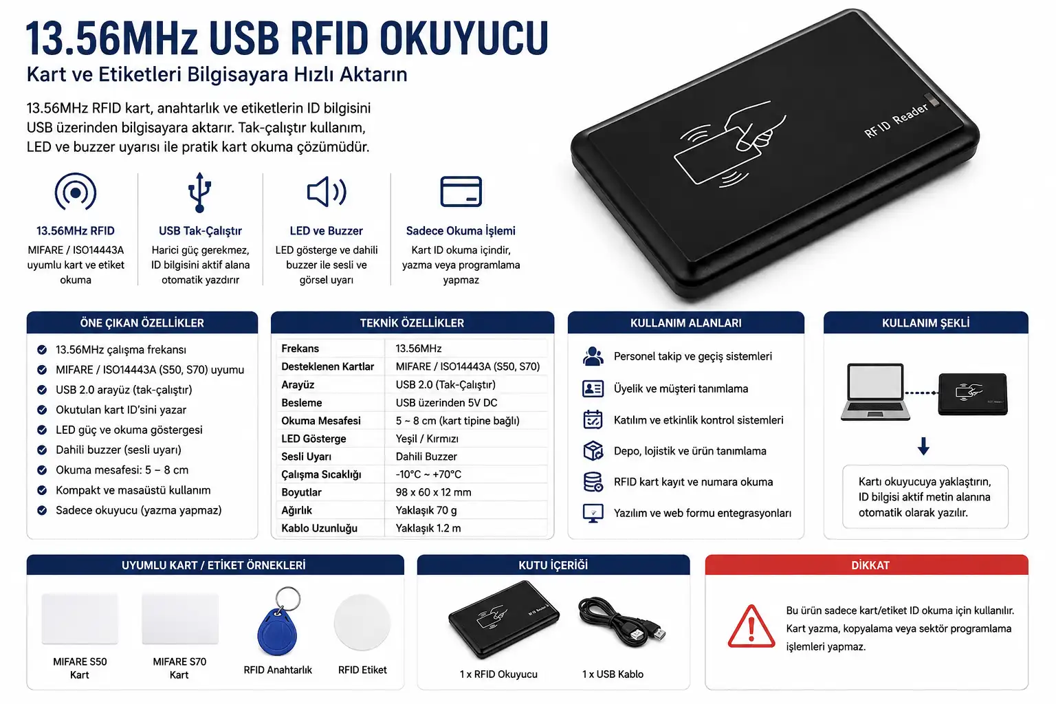 13.56MHz USB RFID kart etiket okuyucu MIFARE ISO14443A uyumlu