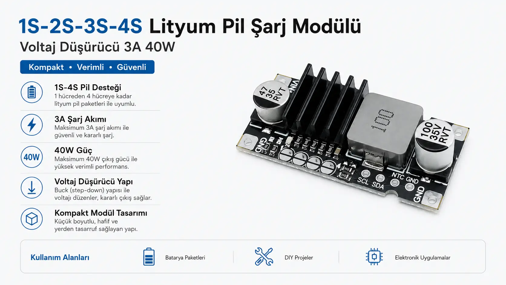 1S 2S 3S 4S Lityum Pil Şarj Modülü Voltaj Düşürücü 3A 40W