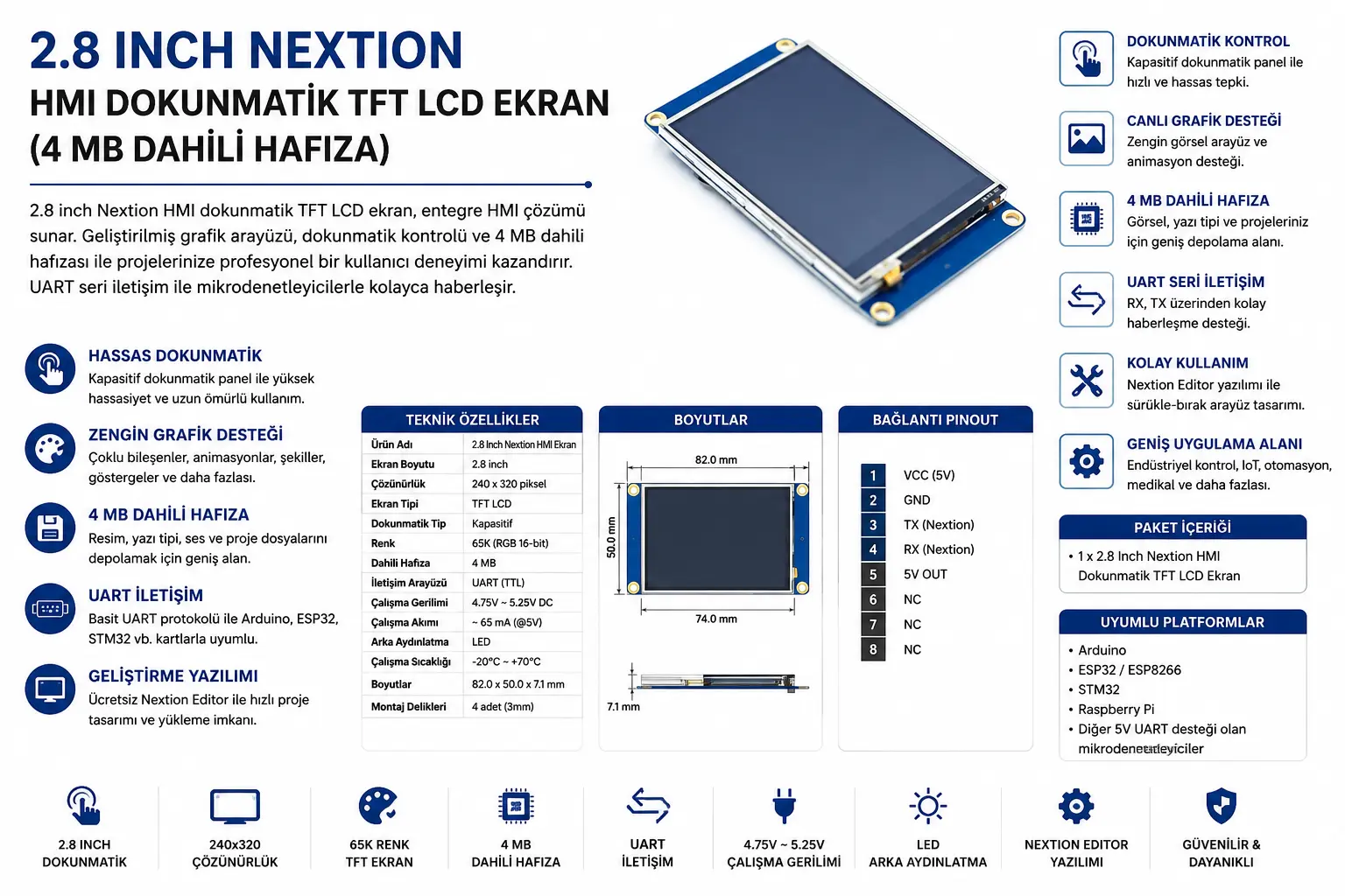 NX3224T028 2.8 Inch Nextion HMI Dokunmatik TFT LCD Ekran 4MB Dahili Hafıza