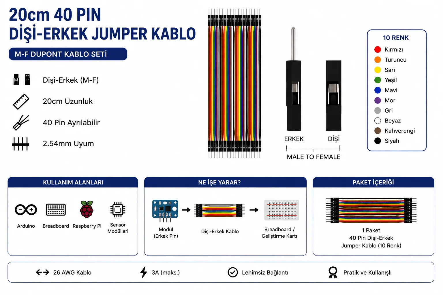 20cm 40 pin ayrılabilen dişi erkek jumper kablo Arduino breadboard uyumlu