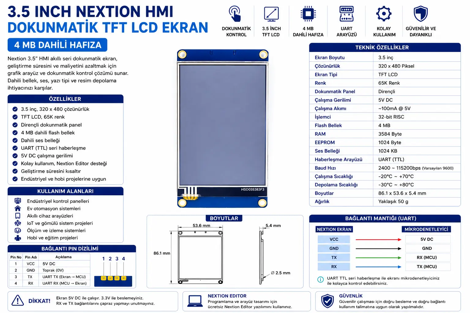 Nextion NX4832T035 3.5 inch HMI dokunmatik TFT LCD ekran 480x320 UART