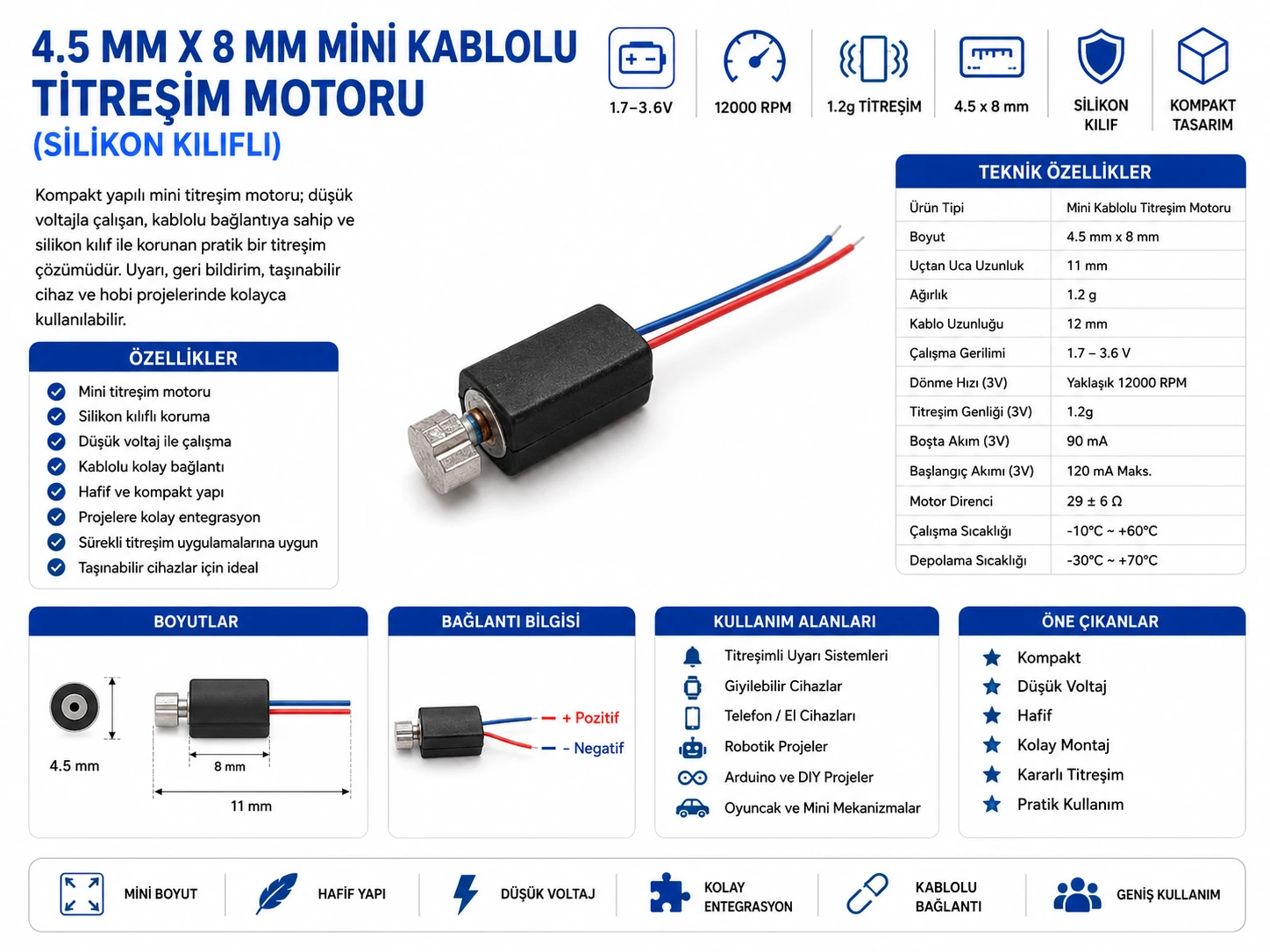 4.5 mm x 8 mm mini kablolu titreşim motoru silikon kılıflı