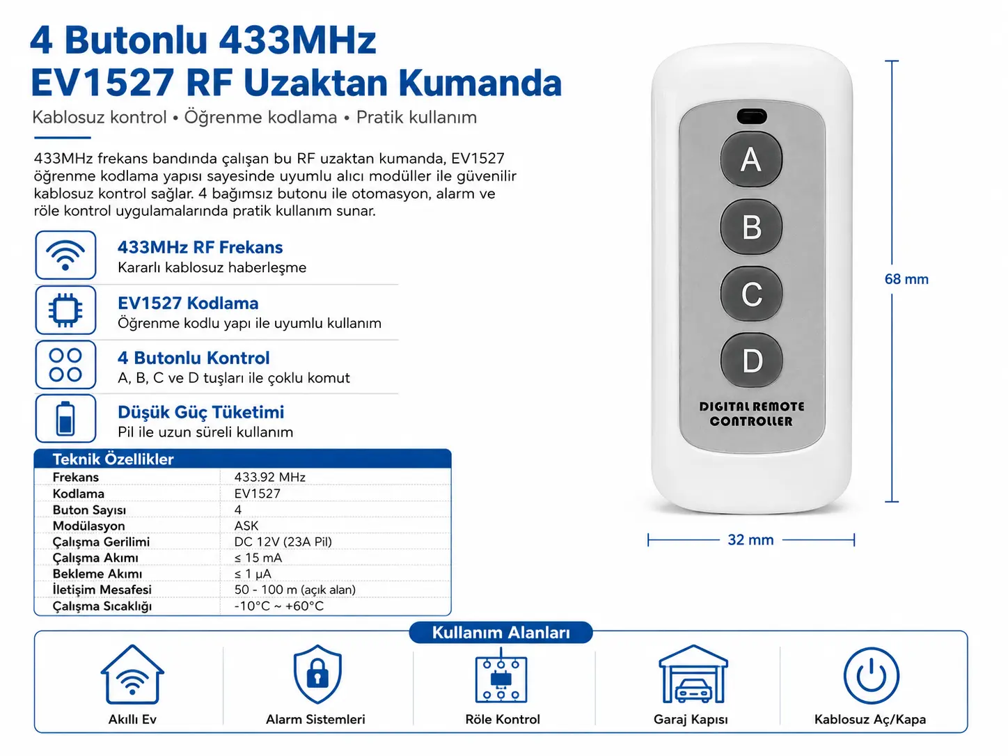4 Butonlu 433MHz EV1527 RF Uzaktan Kumanda