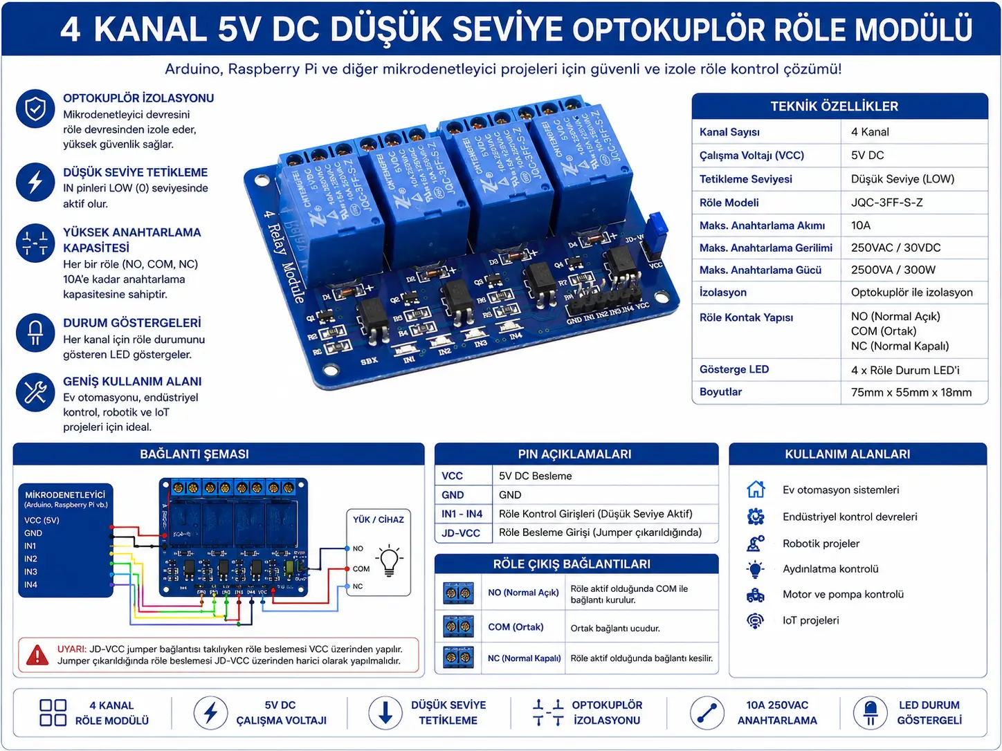 4 kanal 5V DC düşük seviye optokuplör röle modülü Arduino Raspberry Pi uyumlu