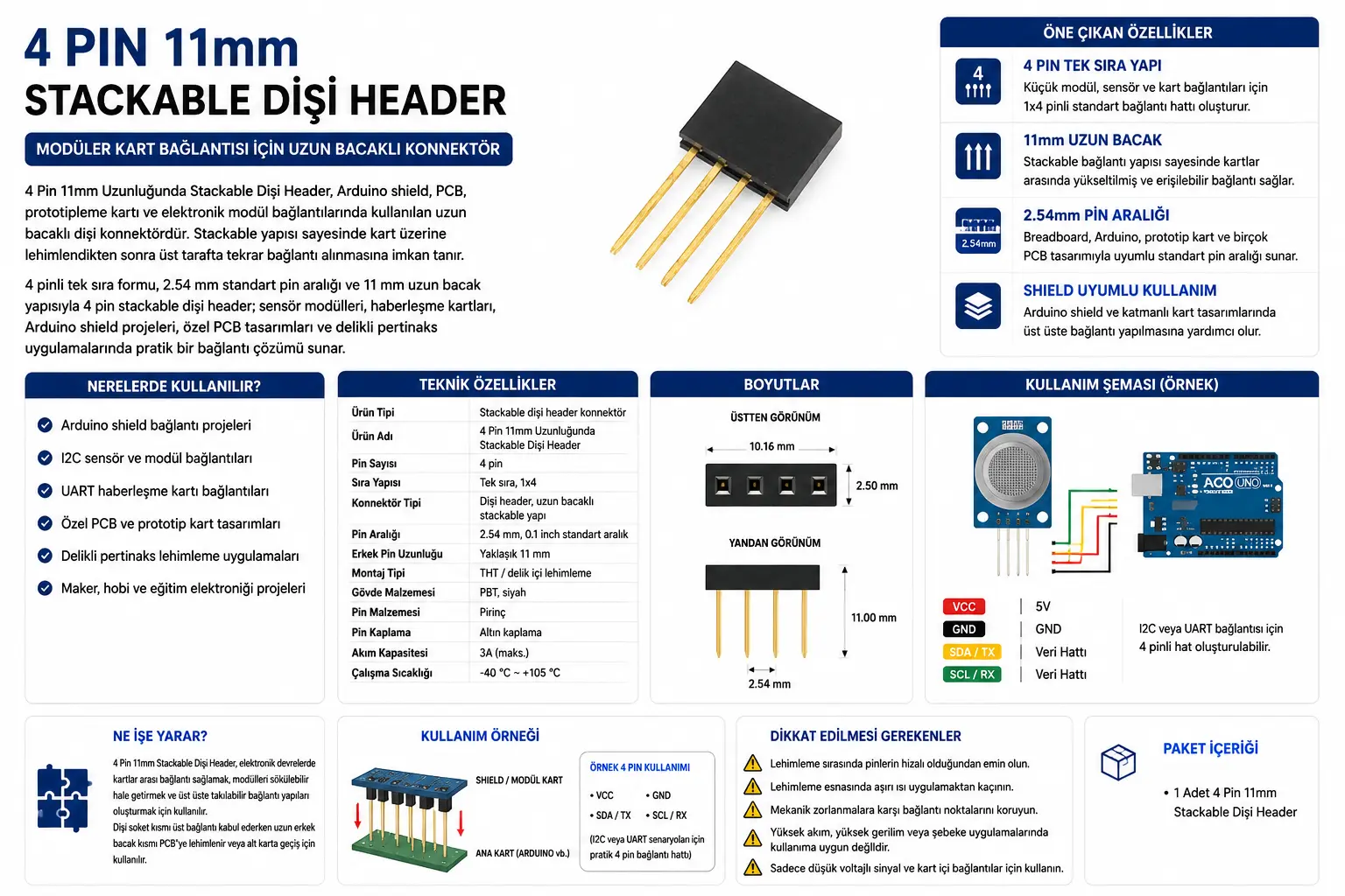 4 Pin 11mm uzunluğunda stackable dişi header Arduino shield uyumlu konnektör