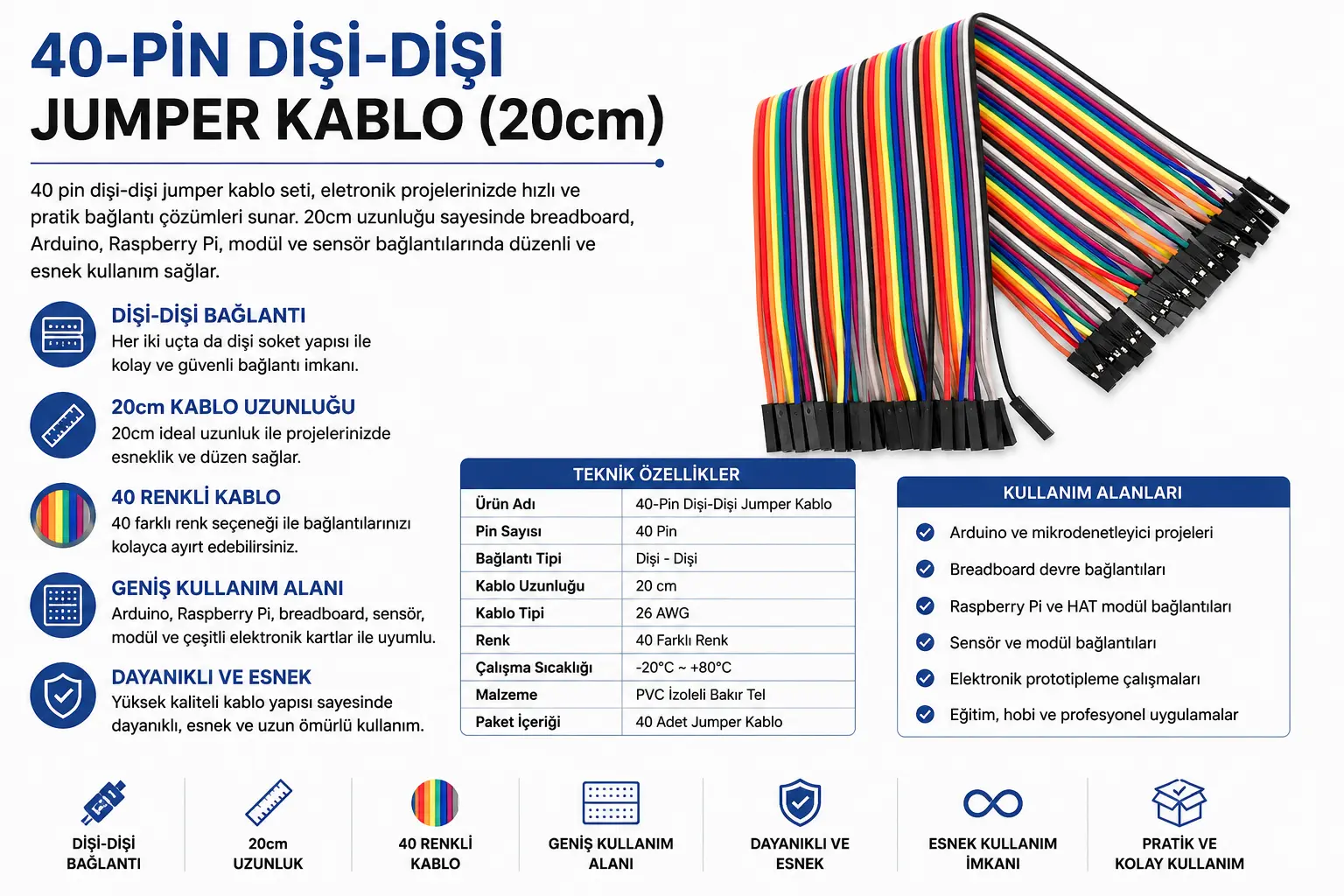 40 Adet Dişi-Dişi Jumper Kablo 20cm F-F bağlantı kablosu