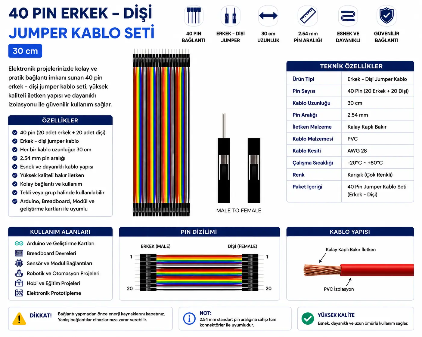 40 pin erkek dişi jumper kablo 30cm Arduino breadboard uyumlu