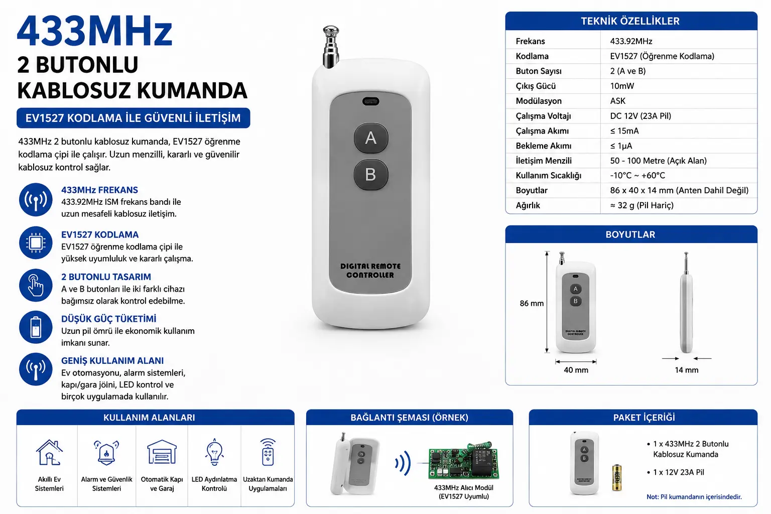 433 MHz 12 Kanal RF Kablosuz Elcik Kumanda