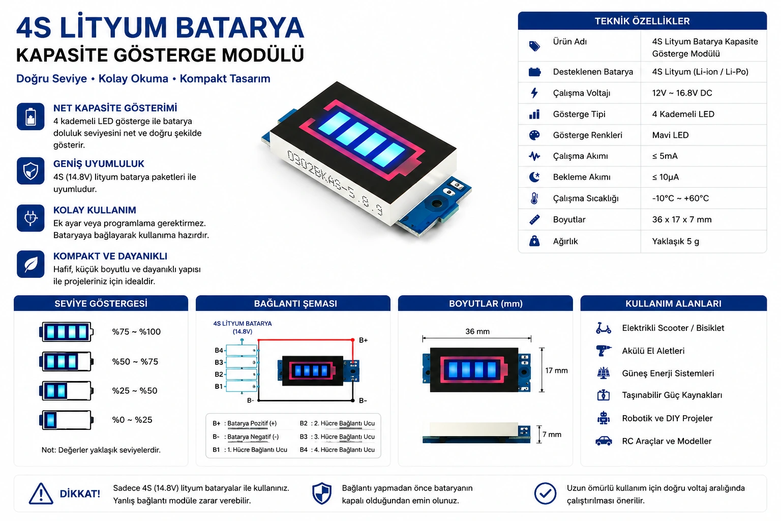 4S lityum batarya kapasite gösterge modülü Li-ion LiPo pil doluluk göstergesi
