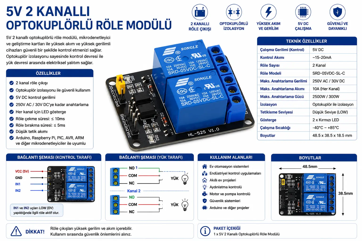 5V 2 kanallı optokuplörlü röle modülü Arduino Raspberry Pi uyumlu
