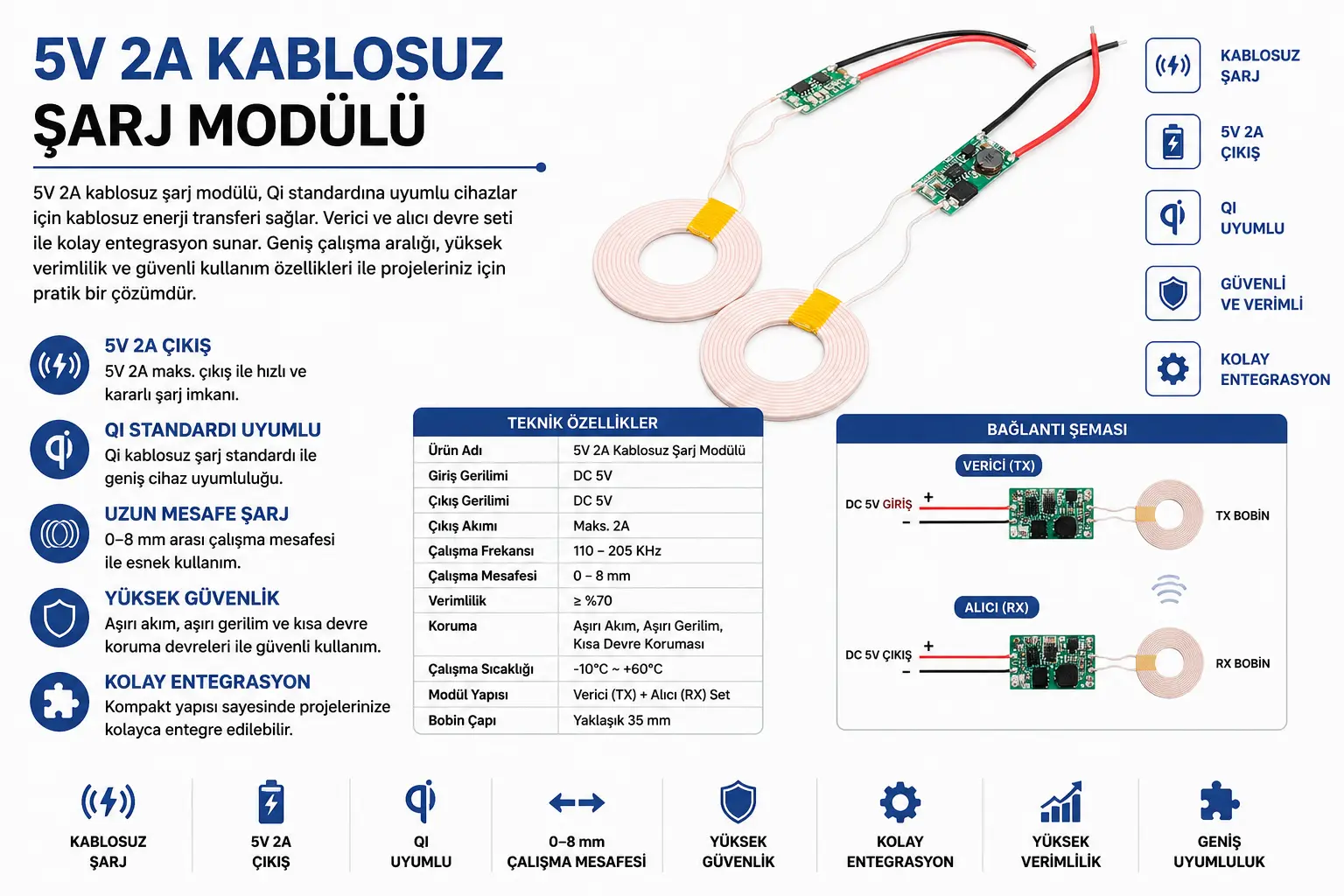 5V 2A Kablosuz Şarj Modülü XKT-412 alıcı verici set