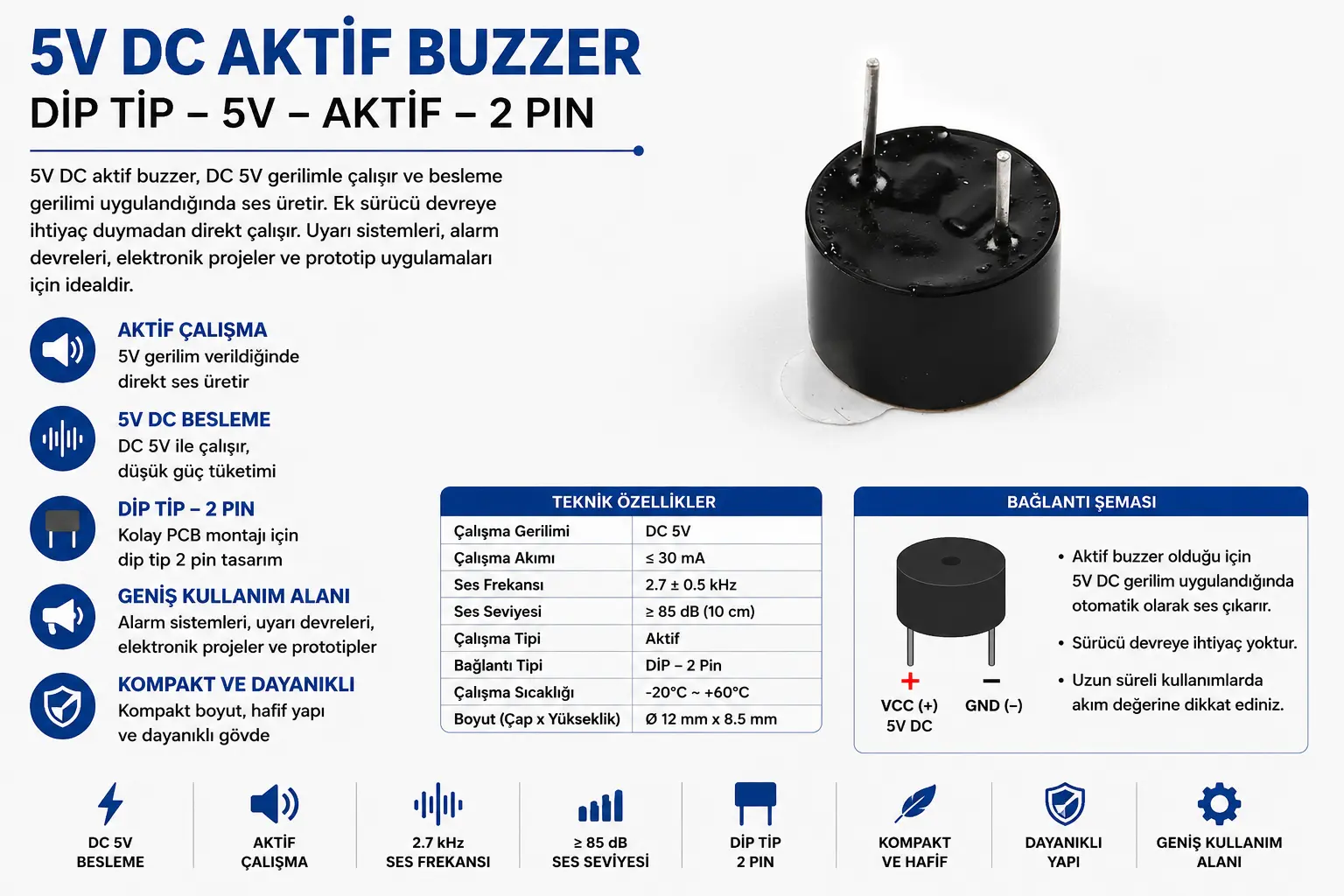 5V DC Aktif Buzzer Arduino uyarı sesi modülü