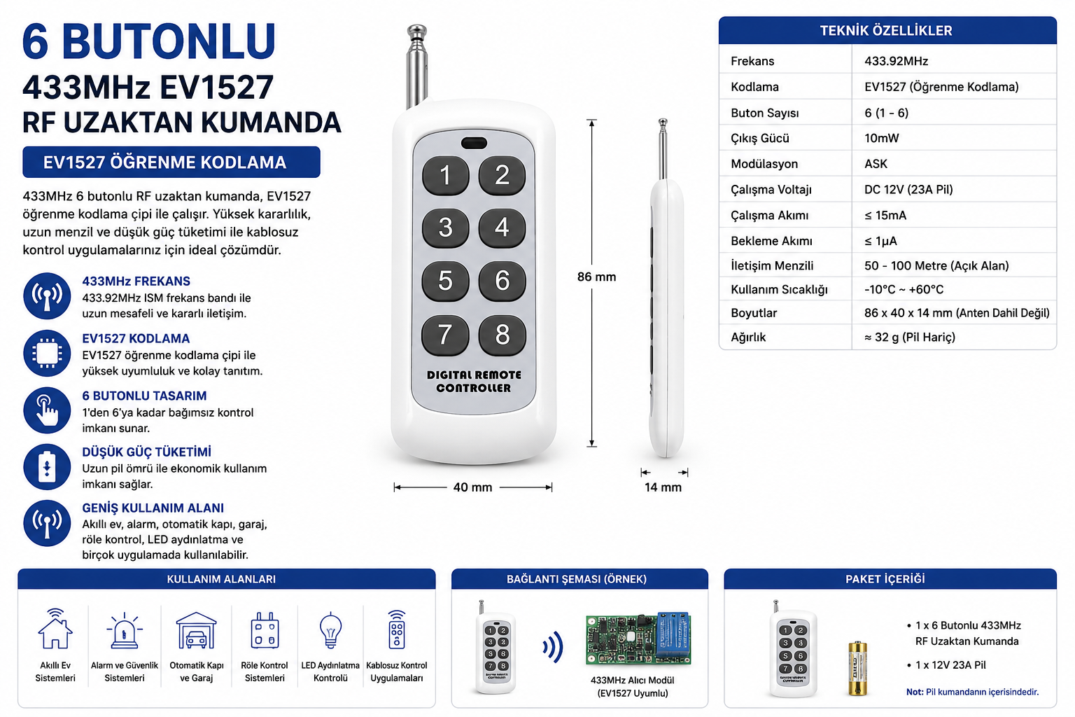 6 Butonlu 433MHz EV1527 RF Uzaktan Kumanda