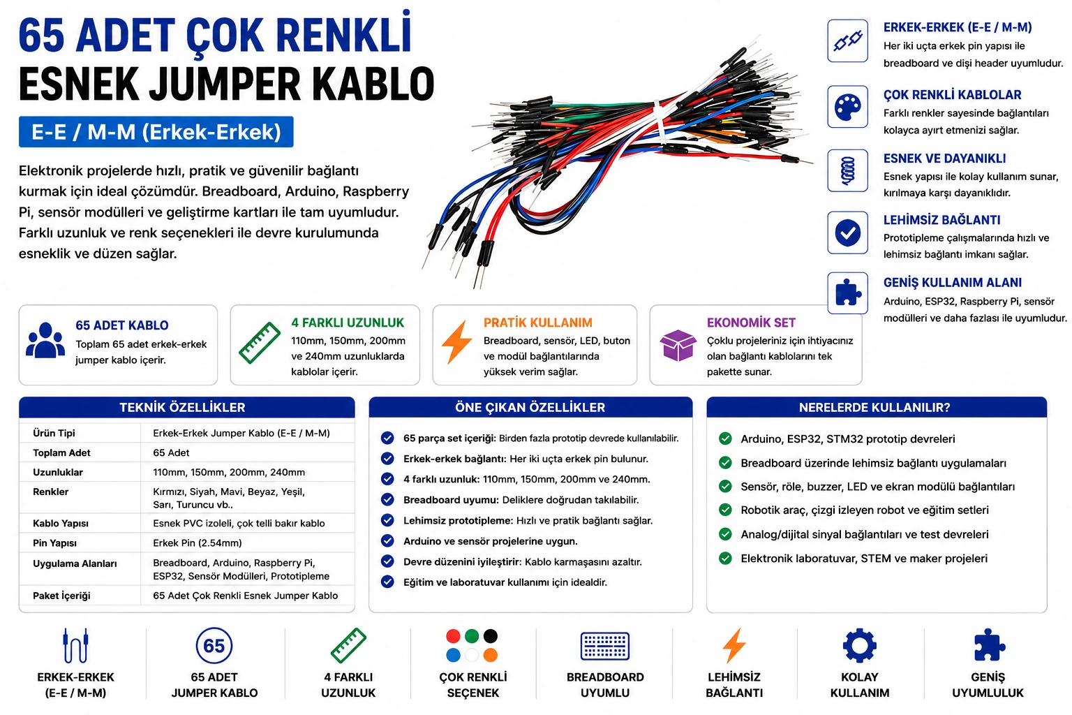 Jumper Kablo 65 Adet Erkek Erkek Farklı Ebatlarda Esnek Kablo