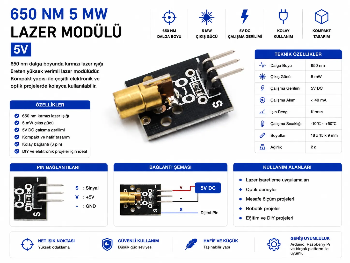 650 nm 5 mW lazer modülü 5V Arduino uyumlu kırmızı lazer sensör modülü