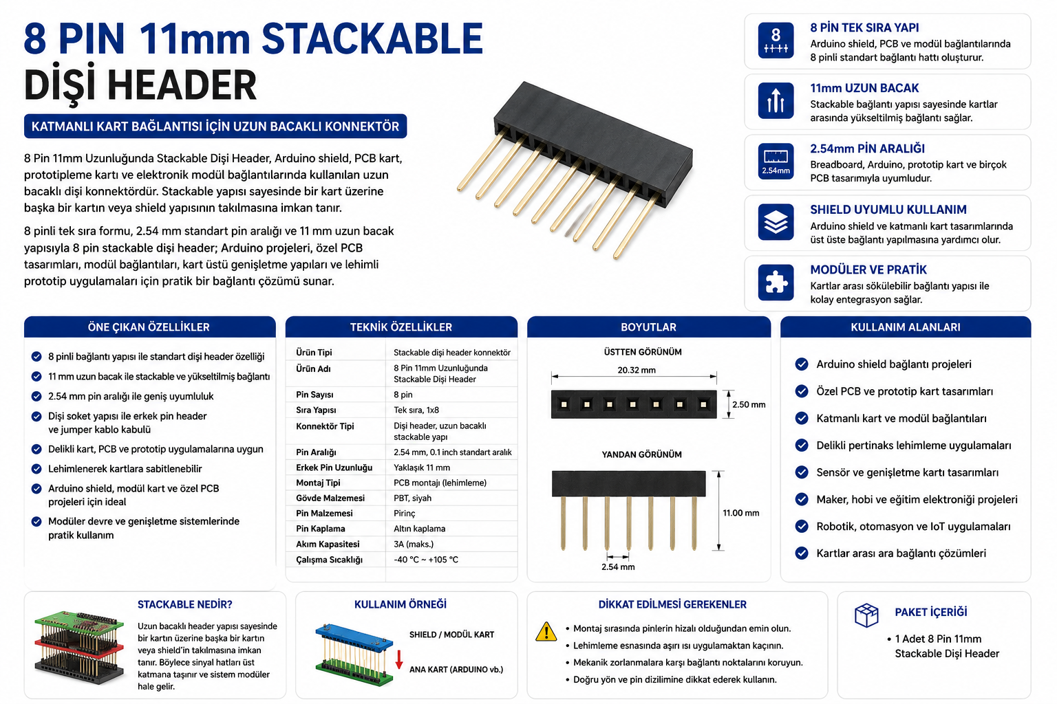 8 Pin 11mm uzunluğunda stackable dişi header Arduino shield uyumlu konnektör