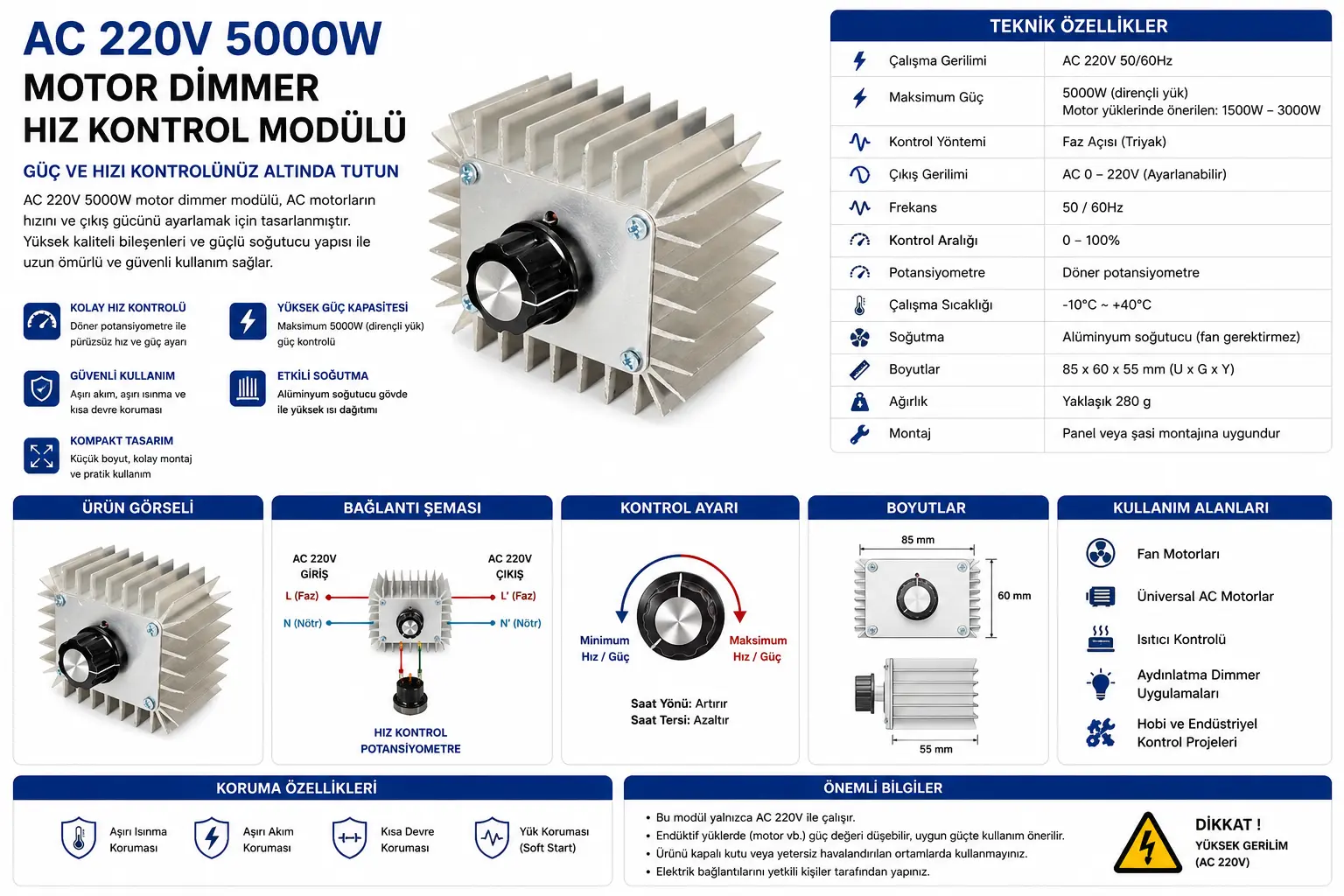 AC 220V 5000W motor dimmer hız kontrol modülü triyak SCR güç regülatörü