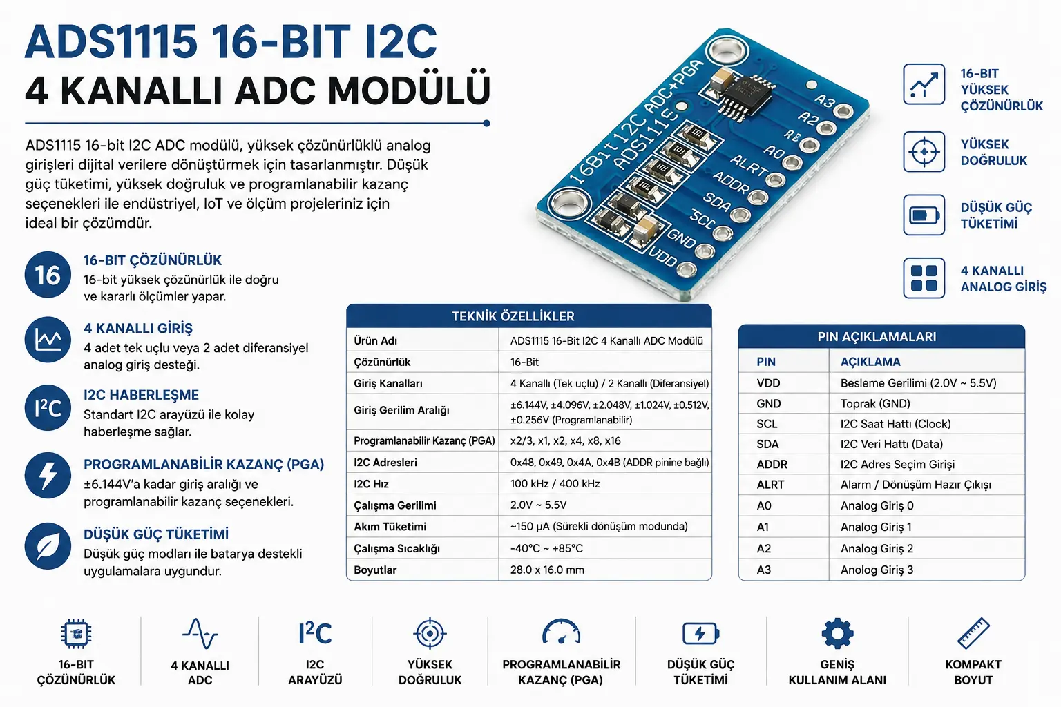 ADS1115 16-Bit 4 Kanal ADC I2C modül