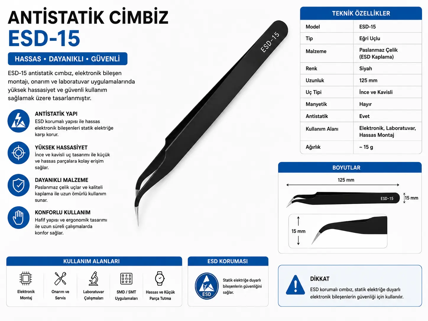 ESD 15 Antistatik Cımbız 120mm Vetus kavisli ince uç