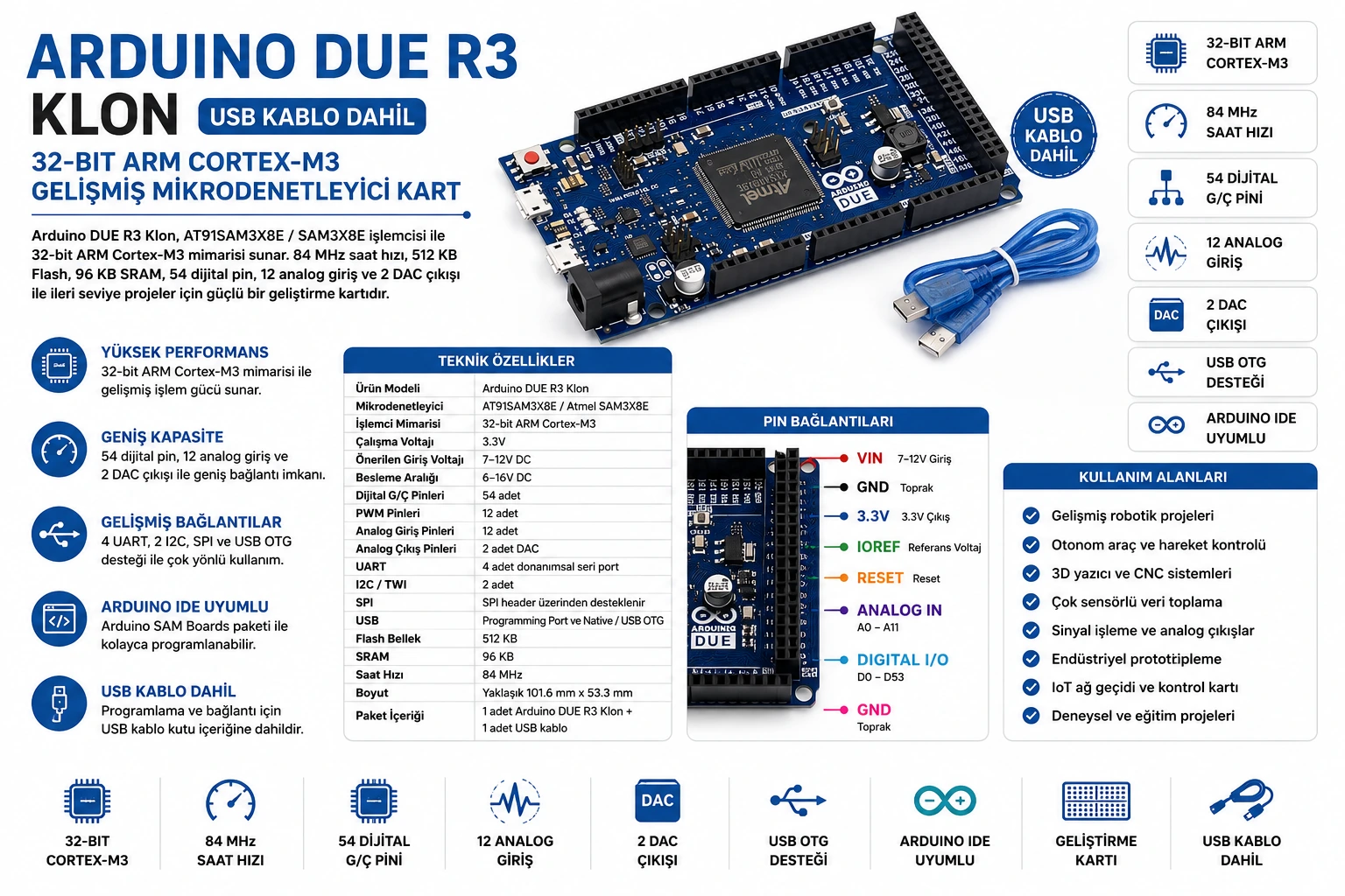 Arduino Due 3.3V Klon USB kablo dahil 32-bit ARM Cortex-M3 geliştirme kartı