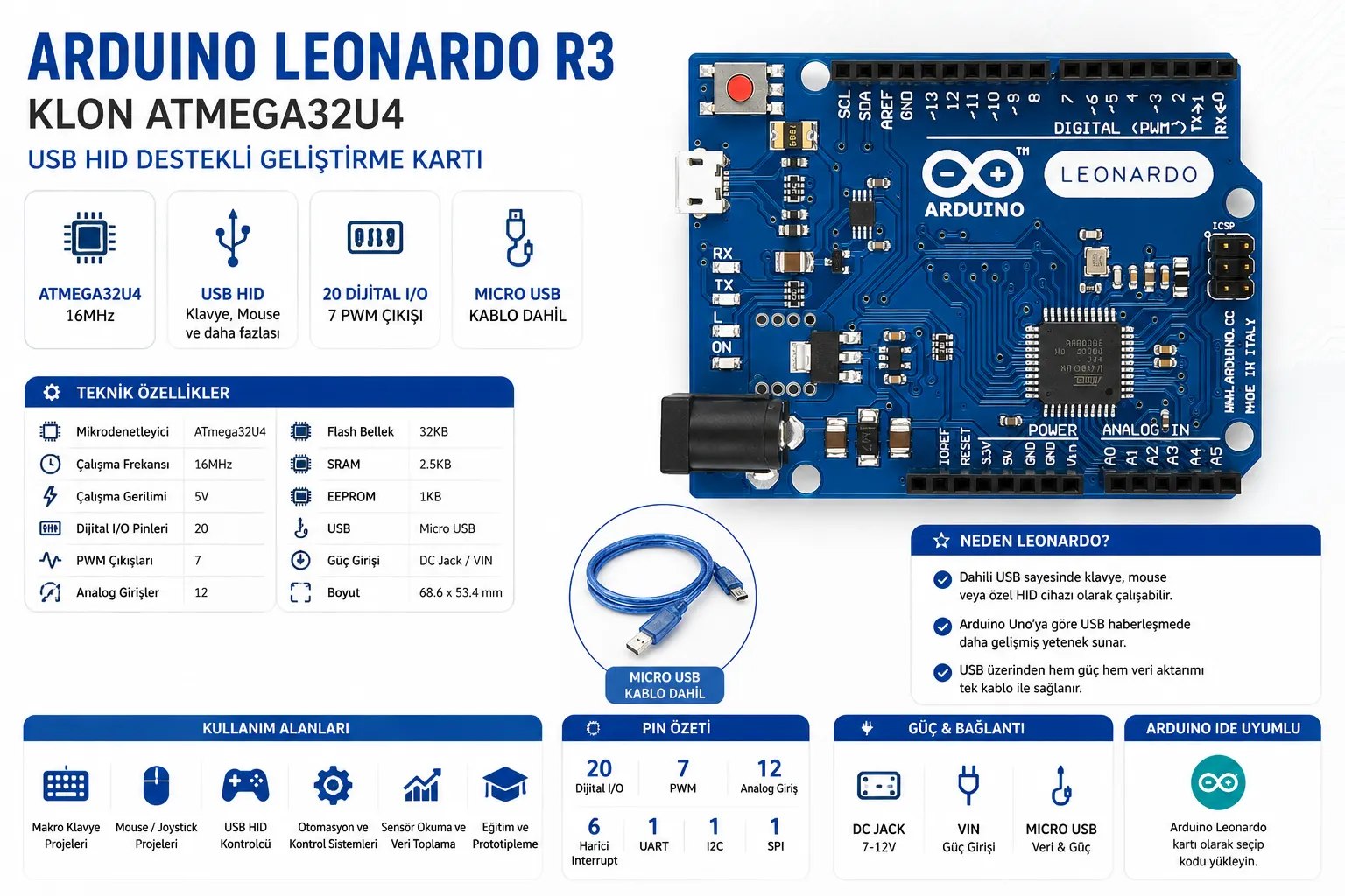 Arduino Leonardo R3 Klon ATmega32U4 Micro USB kablo dahil geliştirme kartı