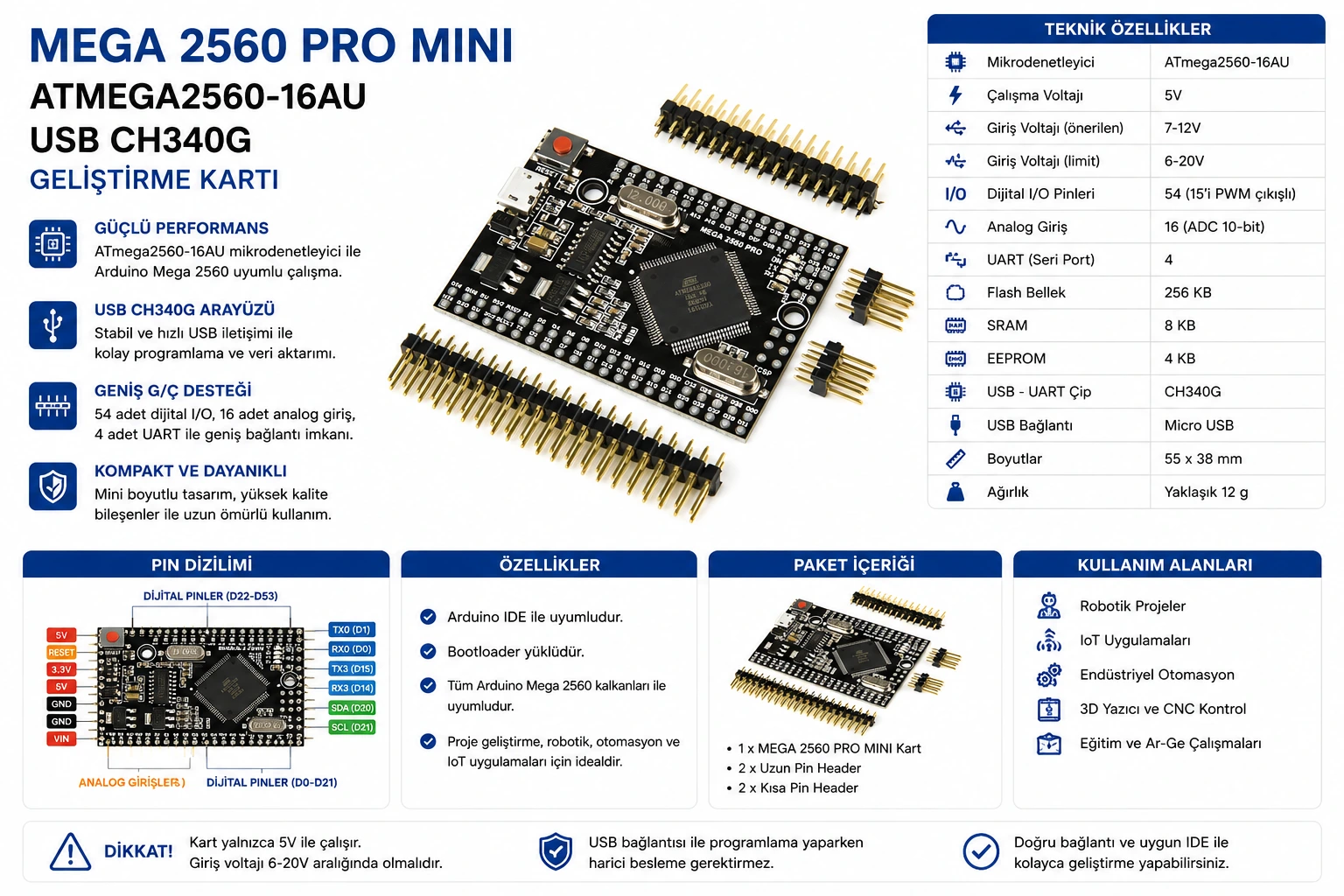 Arduino Mega 2560 Pro Mini ATmega2560-16AU USB CH340G geliştirme kartı