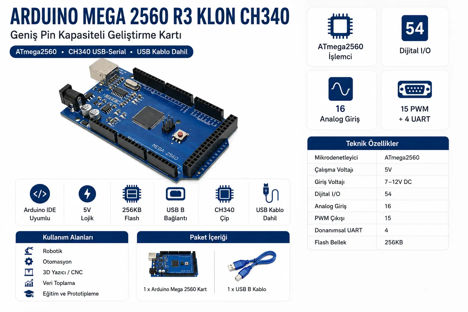 Arduino Mega 2560 R3 Klon CH340 USB kablo dahil geliştirme kartı