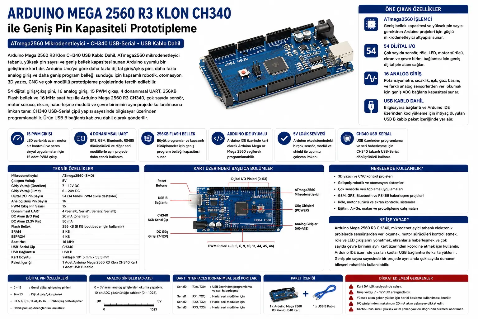 Arduino Mega 2560 R3 Klon CH340 USB kablo dahil geliştirme kartı