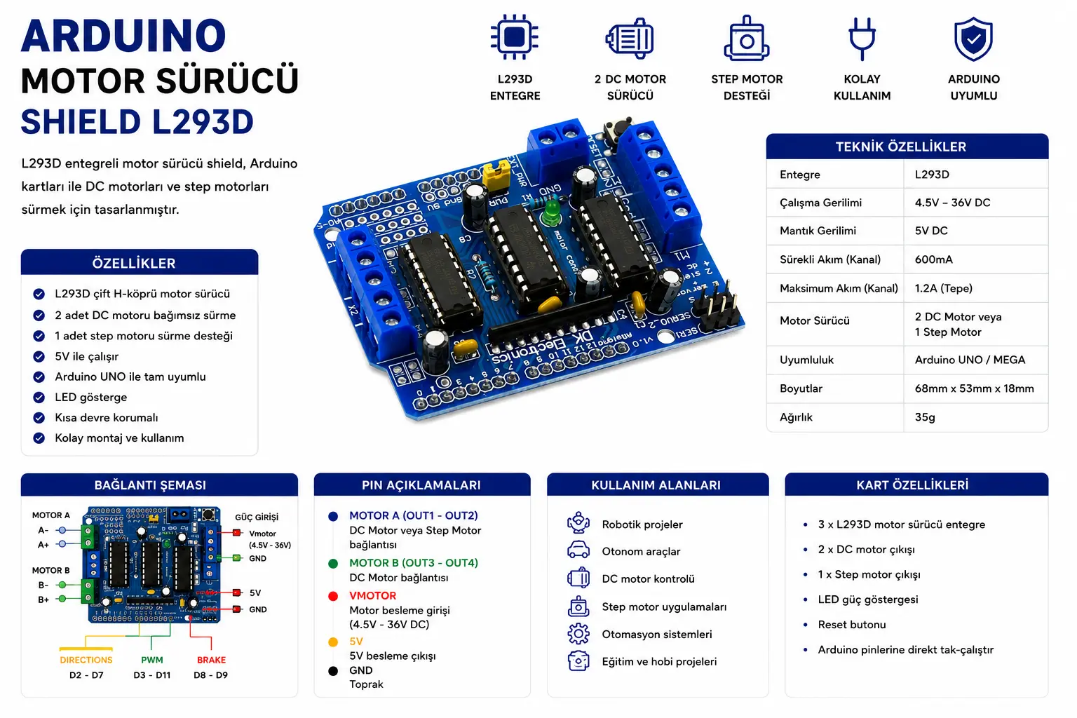 Arduino Motor Sürücü Shield L293D 4 DC motor 2 step motor 2 servo kontrol kartı