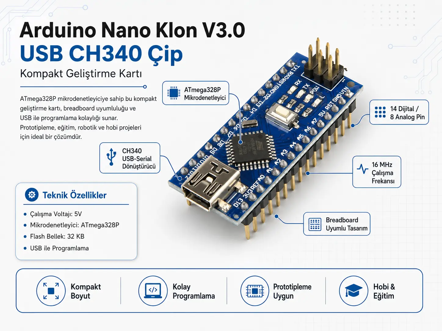 Arduino Nano Klon v3.0 USB CH340 Çip USB kablo dahil geliştirme kartı