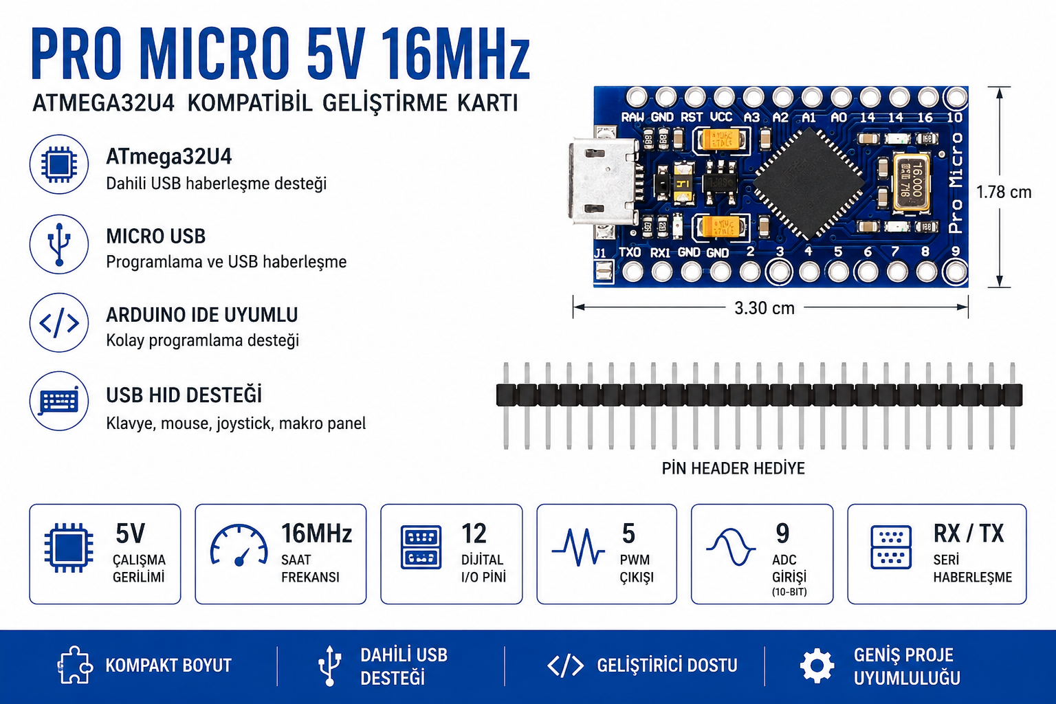 Arduino Pro Micro Klon 5V 16MHz ATmega32U4 Micro USB geliştirme kartı