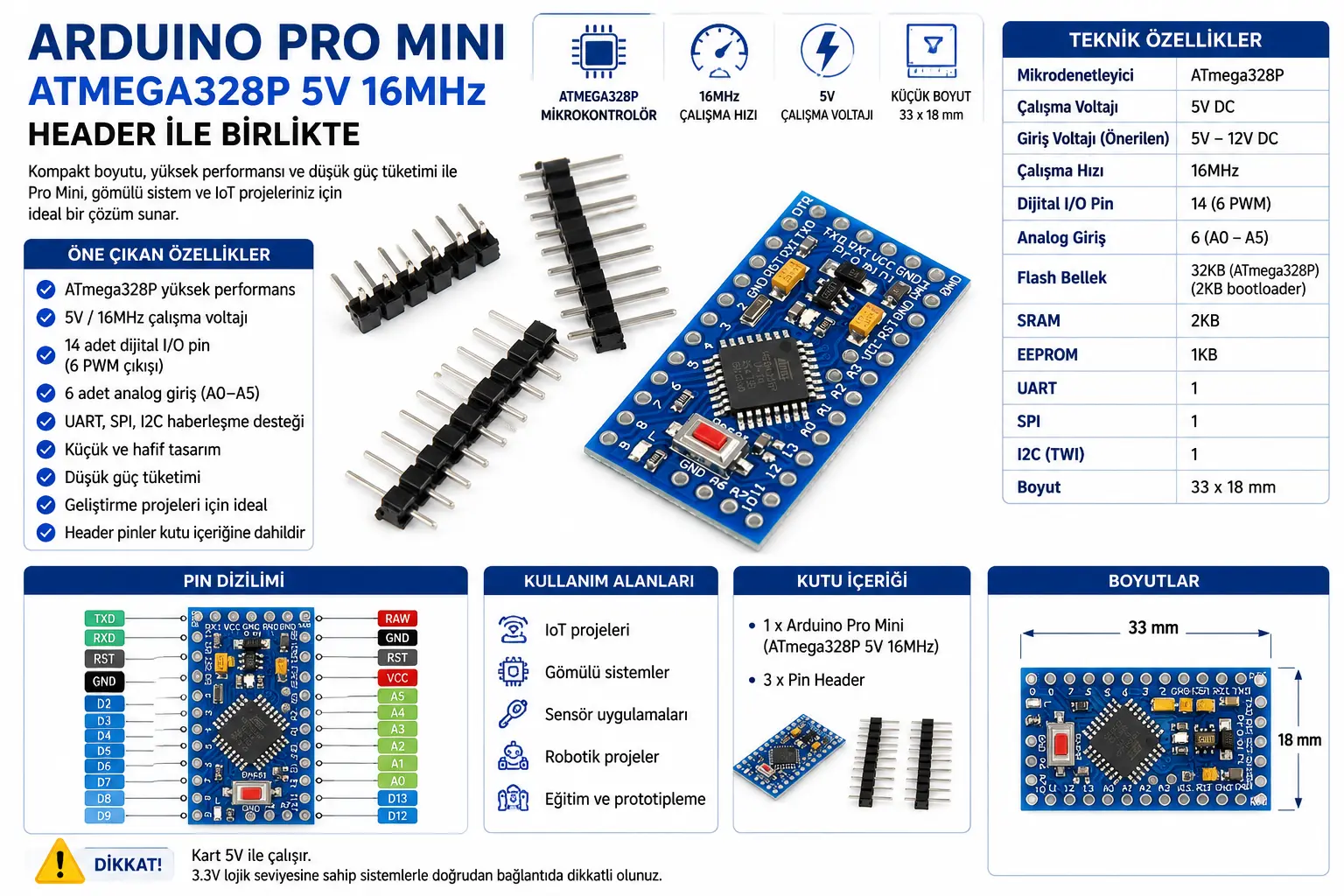 Arduino Pro Mini ATmega328 5V 16MHz headerlı kompakt mikrodenetleyici kartı