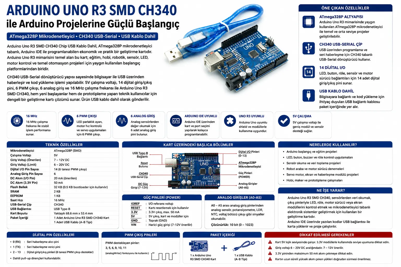 Arduino Uno R3 SMD CH340 Chip USB kablo dahil geliştirme kartı